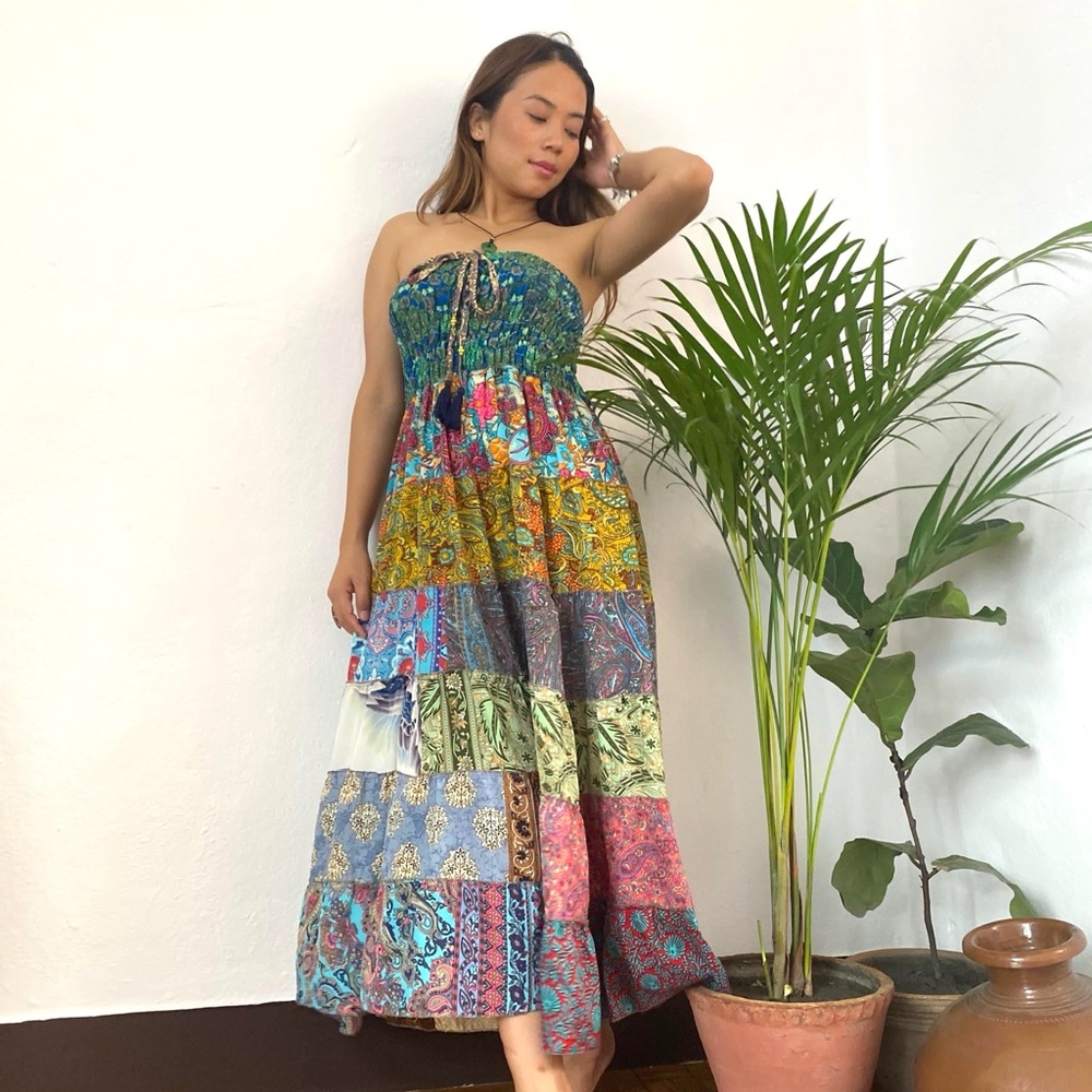 Smocked Ruched Patchwork Boho Dress Skirt - Picture 16 of 17